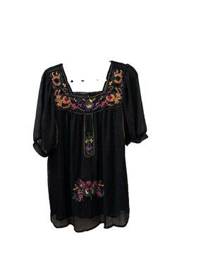 Mushka By Sienna Rose Sheer Embroidered Boho Pesant Blouse Sheer Black Women Med